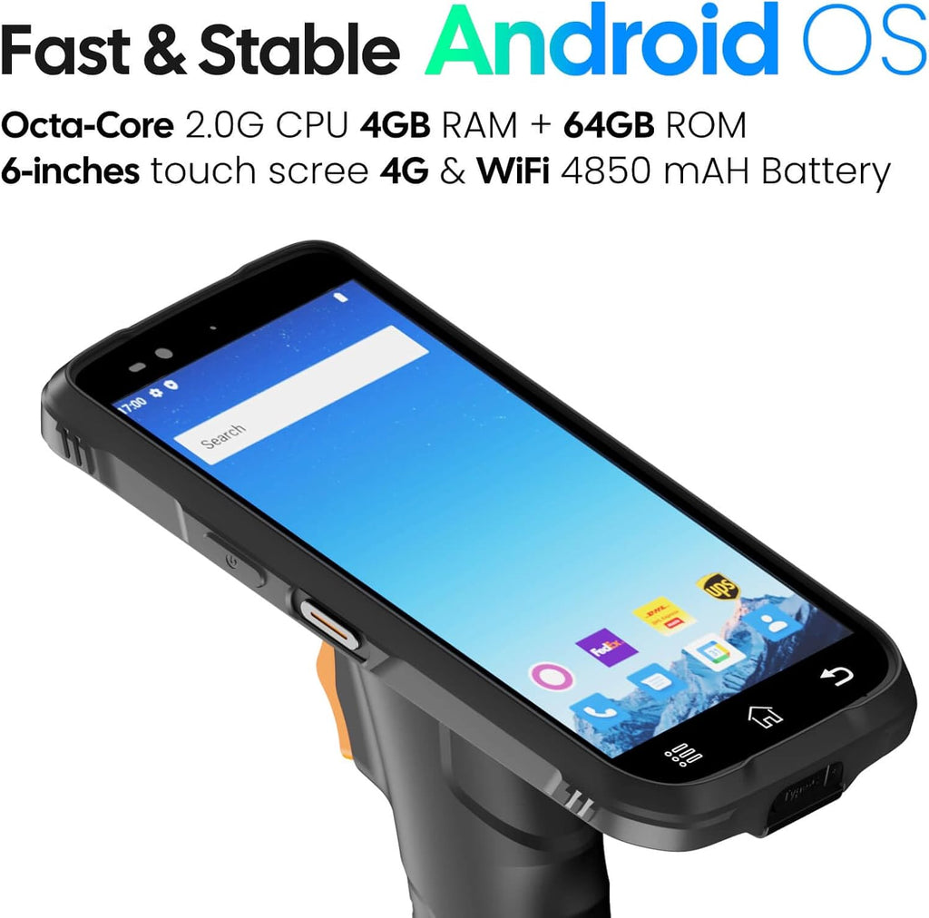 Rugged Android Barcode Scanner Handheld PDA Mobile Computer with Pistol Grip, 6.0" Display Octa-Core 2.0GHz 4GB+64GB