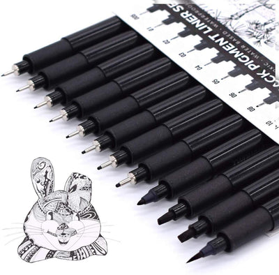 Art Pens,Fineliner Ink Pens,Set of 12 Technical Drawing pen,Pigment Pen,Fine Point,Black,Waterproof