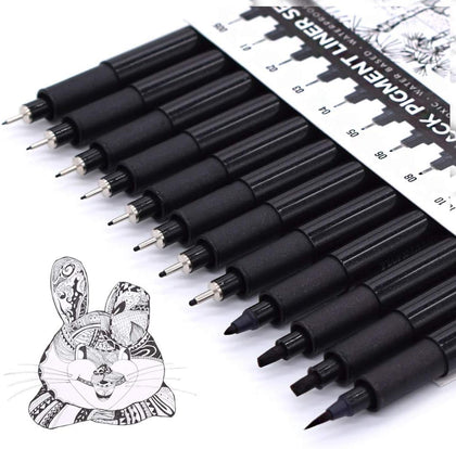 Art Pens,Fineliner Ink Pens,Set of 12 Technical Drawing pen,Pigment Pen,Fine Point,Black,Waterproof