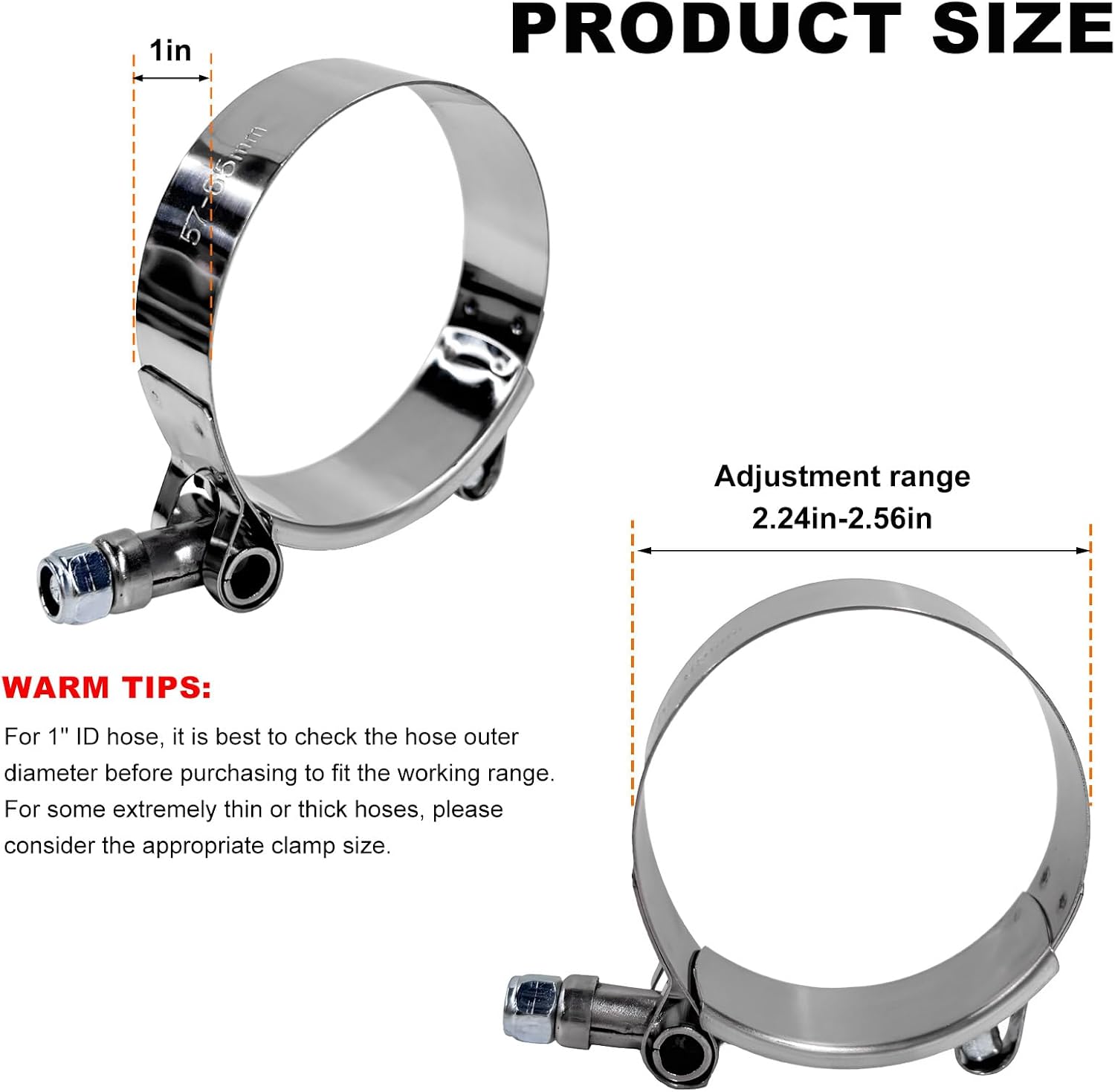 4PCS 2" T-Bolt Hose Clamp, Stainless Steel Tube Clamp with 57mm-65mm ID Range, Heavy-Duty Adjustable T-Bolt Turbo