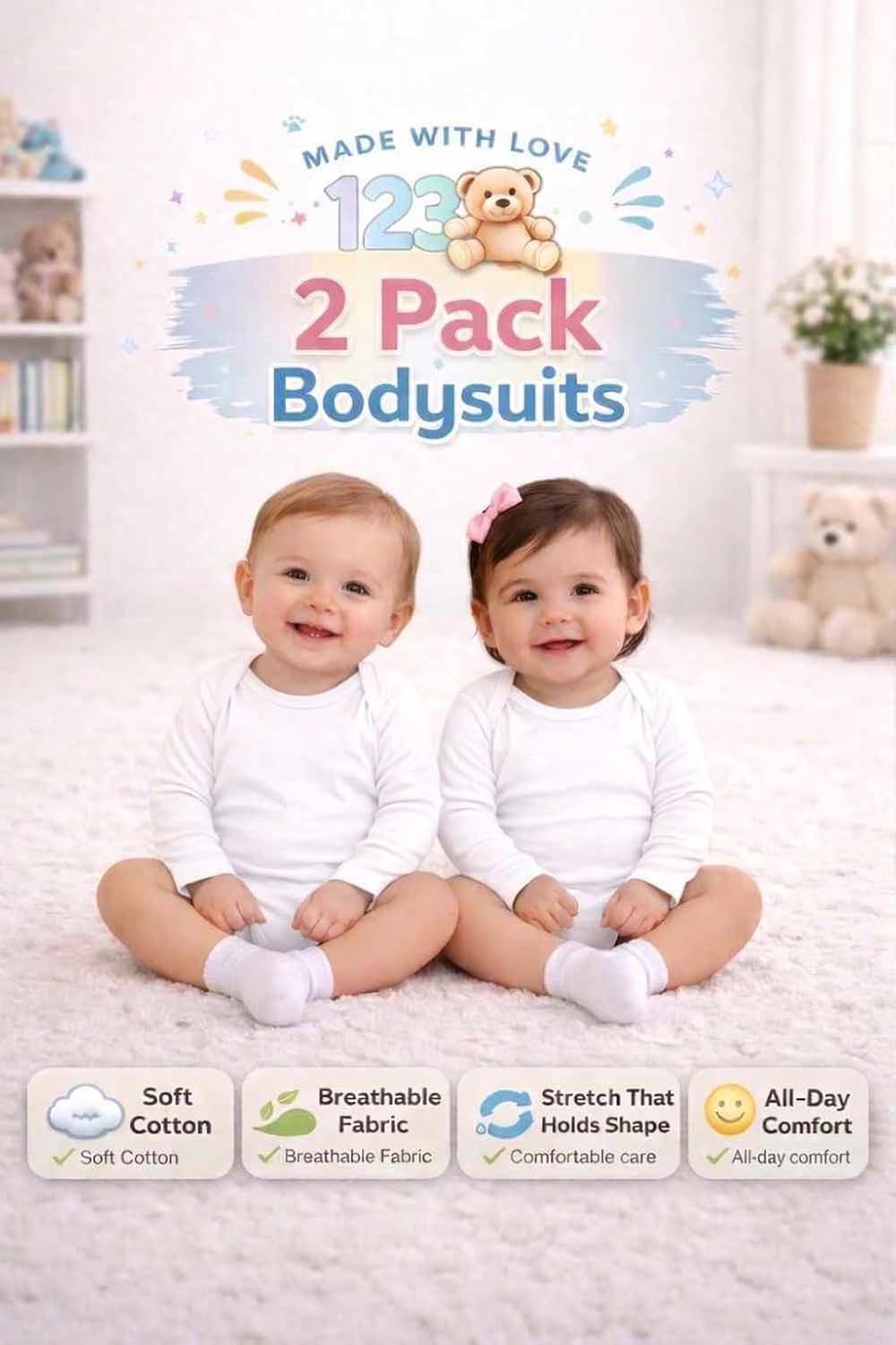 Baby Cotton Spandex Long-Sleeve Bodysuits 2-Pack, Boy Girl