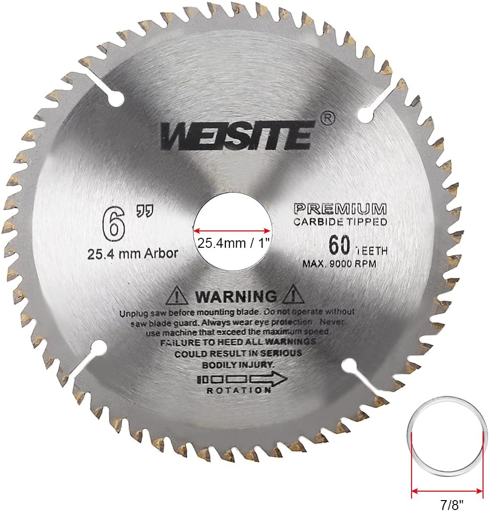 6" Circular Saw Blade, 60T 1" Arbor with 7/8" Ring, Wood TCT Carbide Tipped Slitting Saw