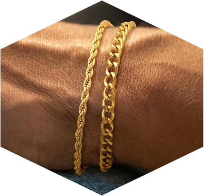 Mens Bracelet, 14K Gold Plated/Streling Silver Bracelets for Men Layered Cuban Rope Chain Bracelets 3mm/5mm Dainty