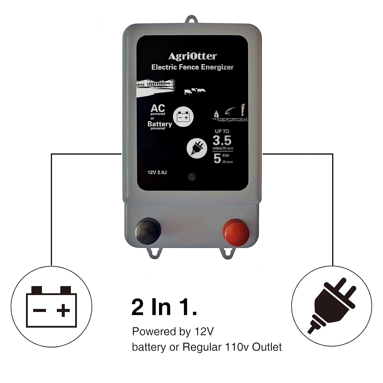 Electric Fence Energizer 20 Acre 2 in 1 Powered by Battery or AC Outlet 10000V 2J Pulse Electric