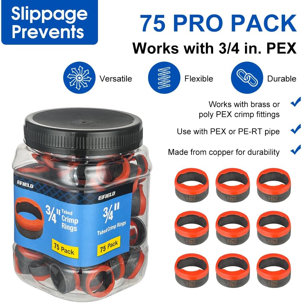 75Pcs EFIELD 3/4-inch Pex Copper Crimp Rings With End Stop(CLAMP043-75)