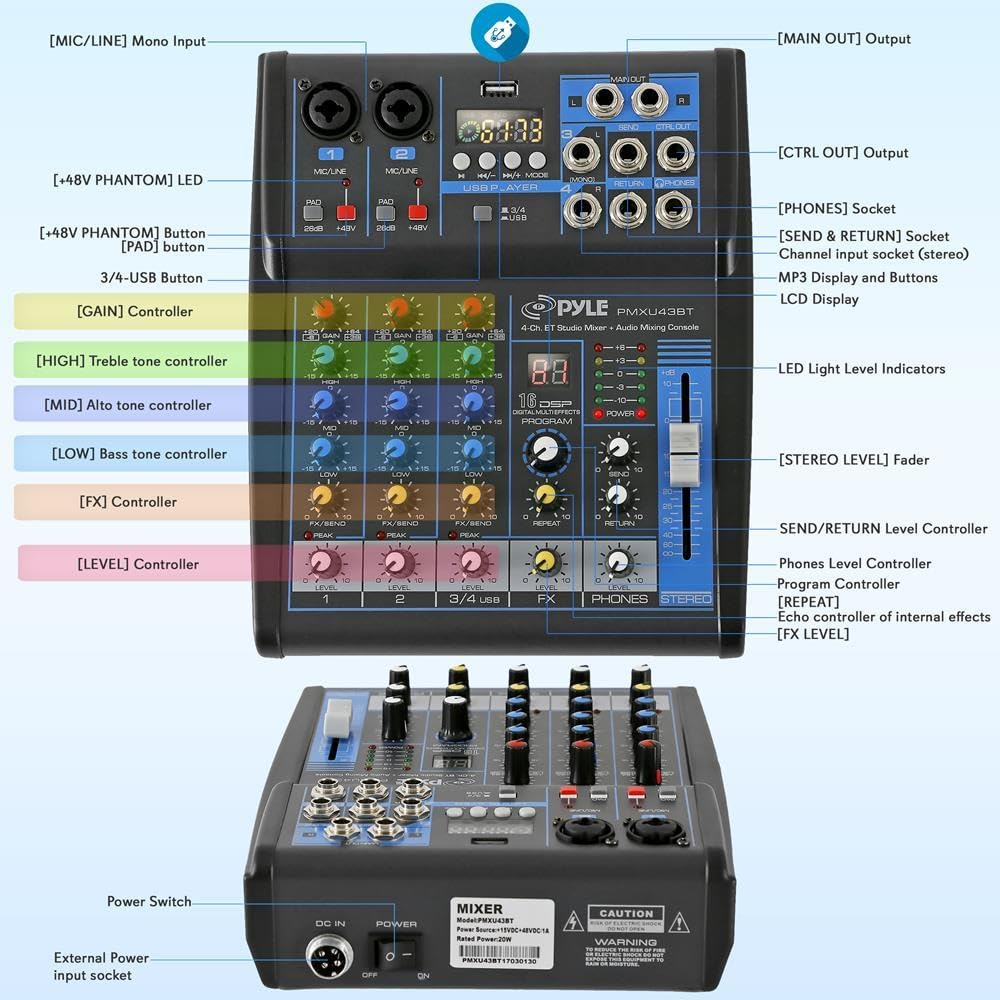 4 Channel Audio Mixer with Bluetooth - DJ Sound Board Controller - USB Computer Input - Built-in MP3 Player - 48V