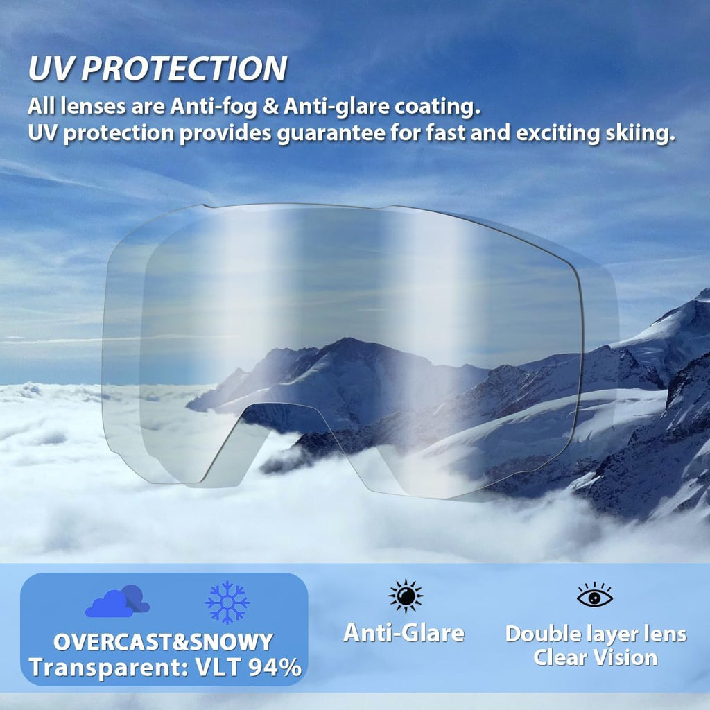 Ski/Snowboard Goggles for Men Women, OTG Snow Goggles Anti Fog UV Protection