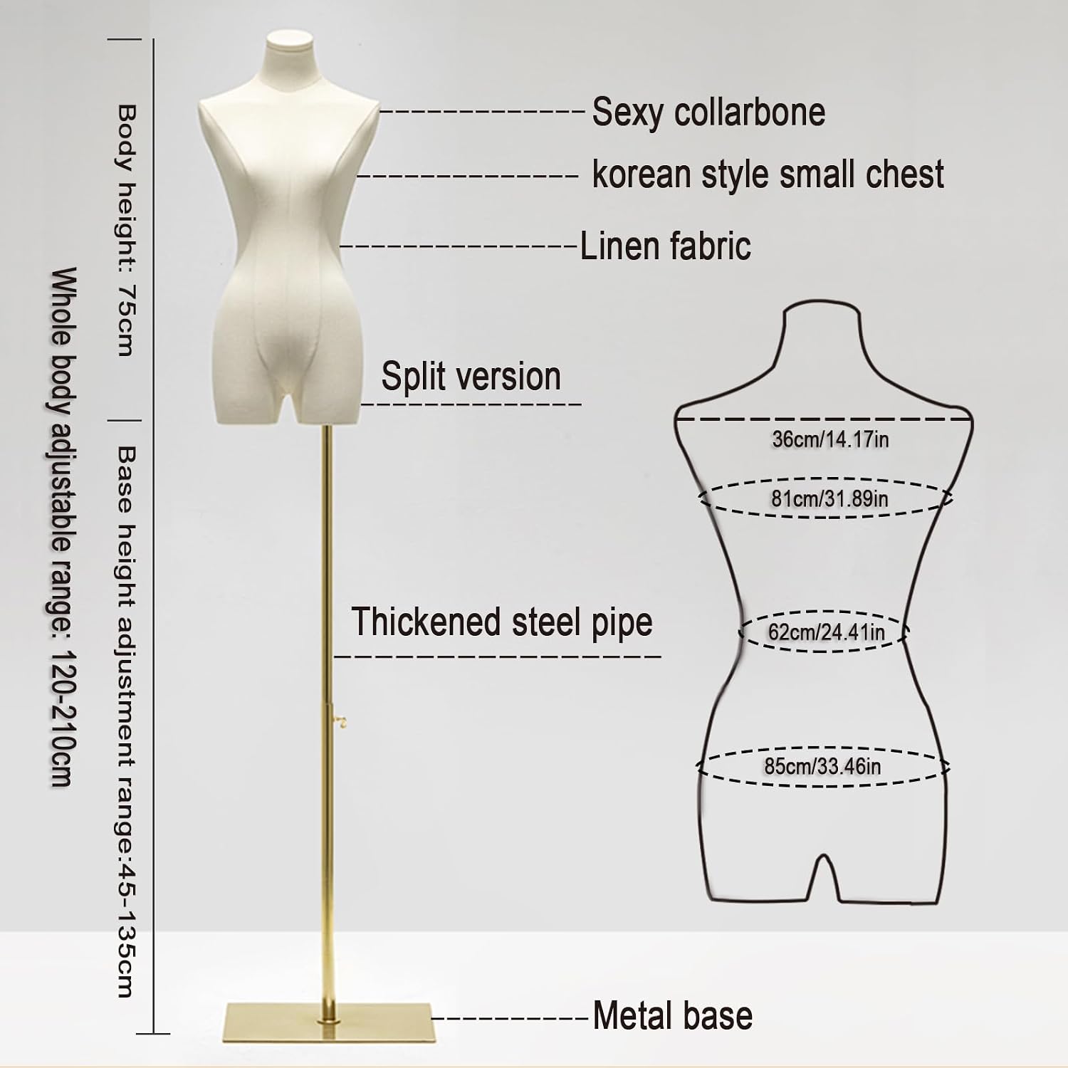 47"-83" Female Mannequin Dress Form Torso Full Body with Metal Stand (Gold) | Height Adjustable Display Mannequin