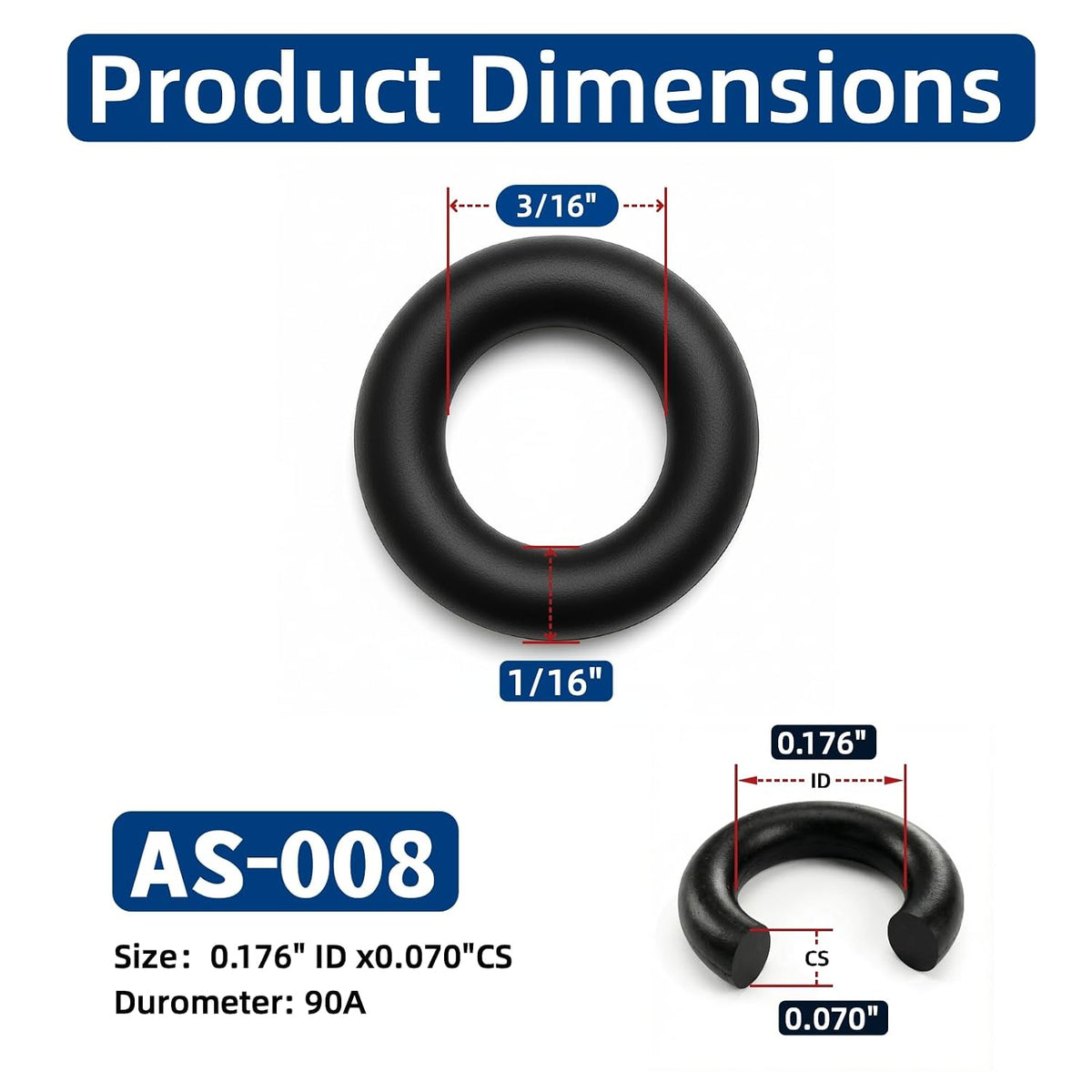 AS-008 Nitrile (NBR) O-Rings, 3/16" ID x 1/16" CS (0.176" x 0.070"), 90A Durometer, -40°F to +248°F, Fuel, Oil & Hydraulic System Seals, 200 Pcs