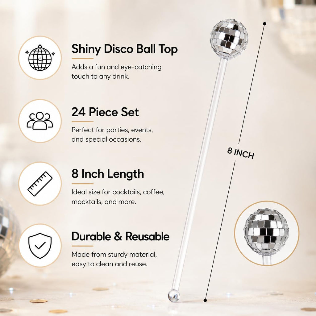 24 Count Disco Ball Drink Stirrers 8 Inch Silver Mirror Stir Sticks