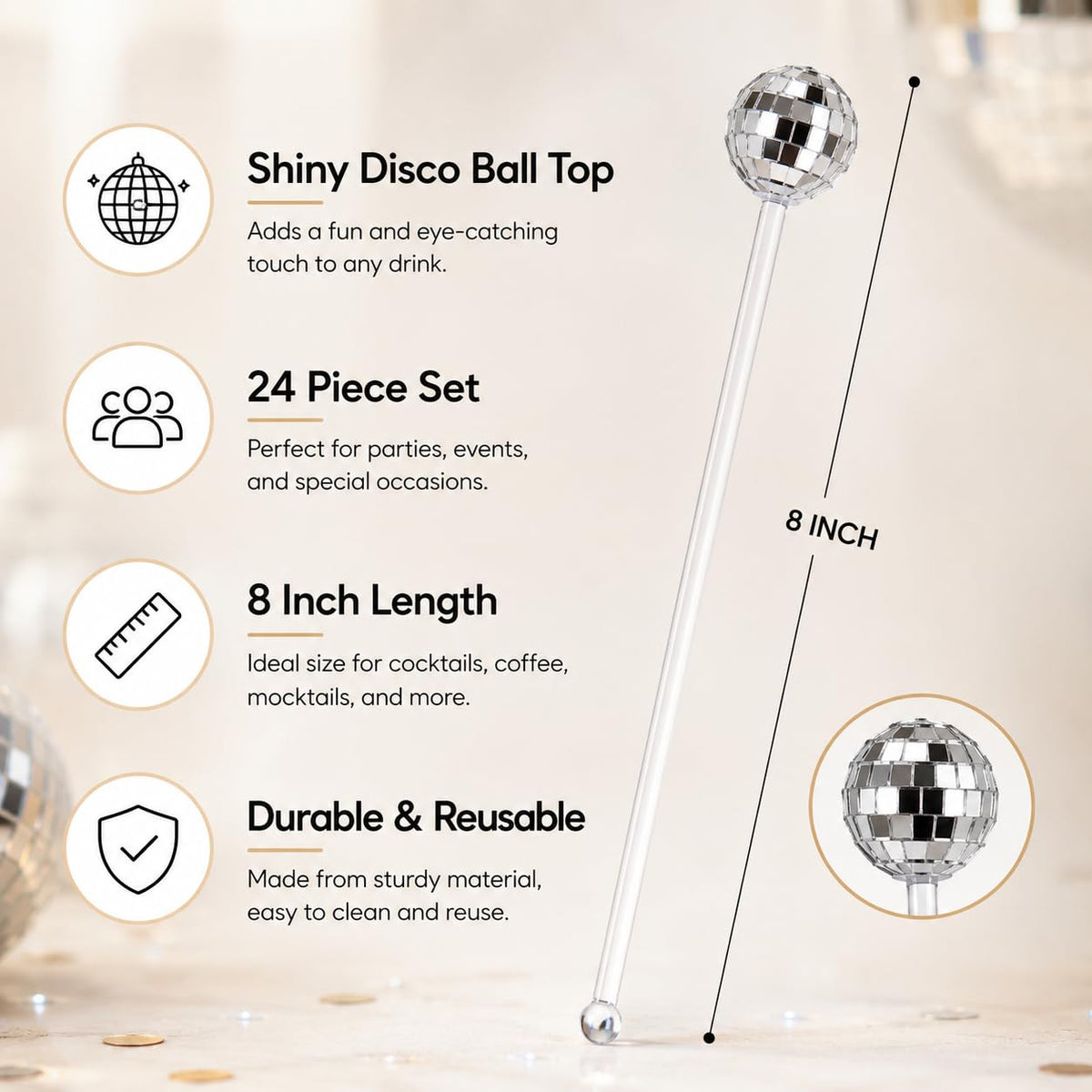 24 Count Disco Ball Drink Stirrers 8 Inch Silver Mirror Stir Sticks