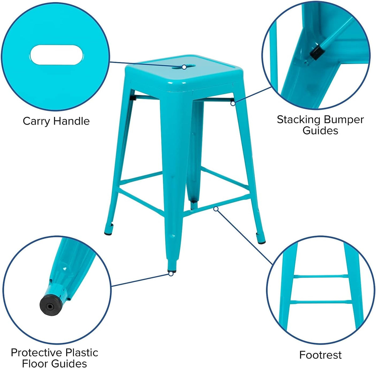 24 in Metal Stackable Counter Stool, Teal, 4-Pack