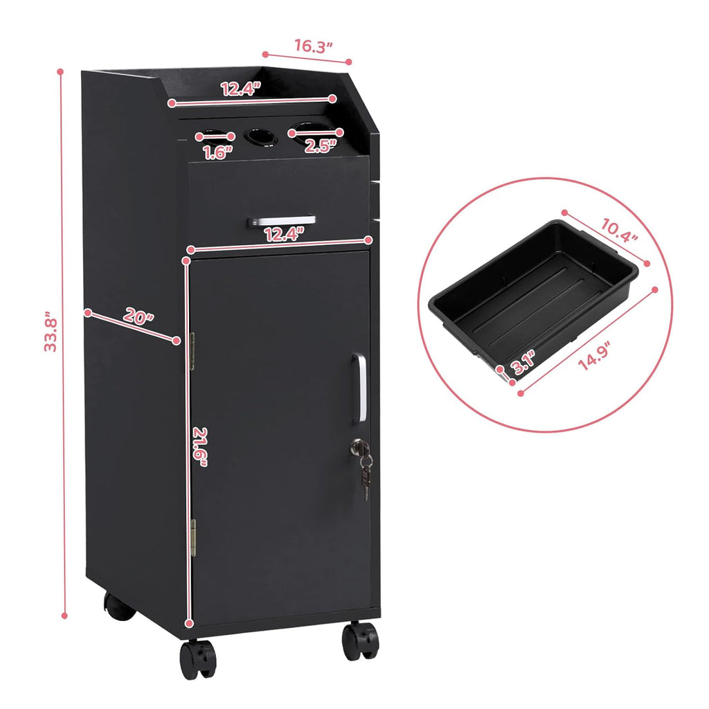 Salon Trolley Cart with 4 Trays, 3 Hair Dryer Holders, Black | Lockable Beauty Storage Cabinet with 4 Drawers