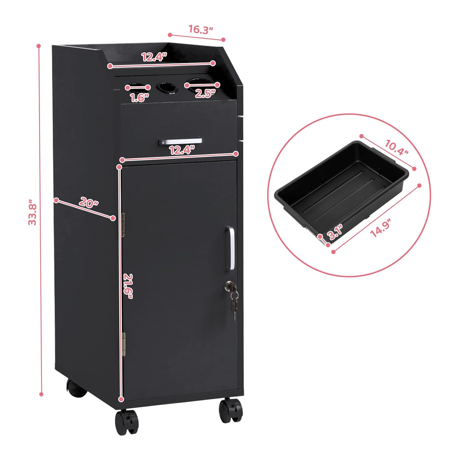 Salon Trolley Cart with 4 Trays, 3 Hair Dryer Holders, Black | Lockable Beauty Storage Cabinet with 4 Drawers