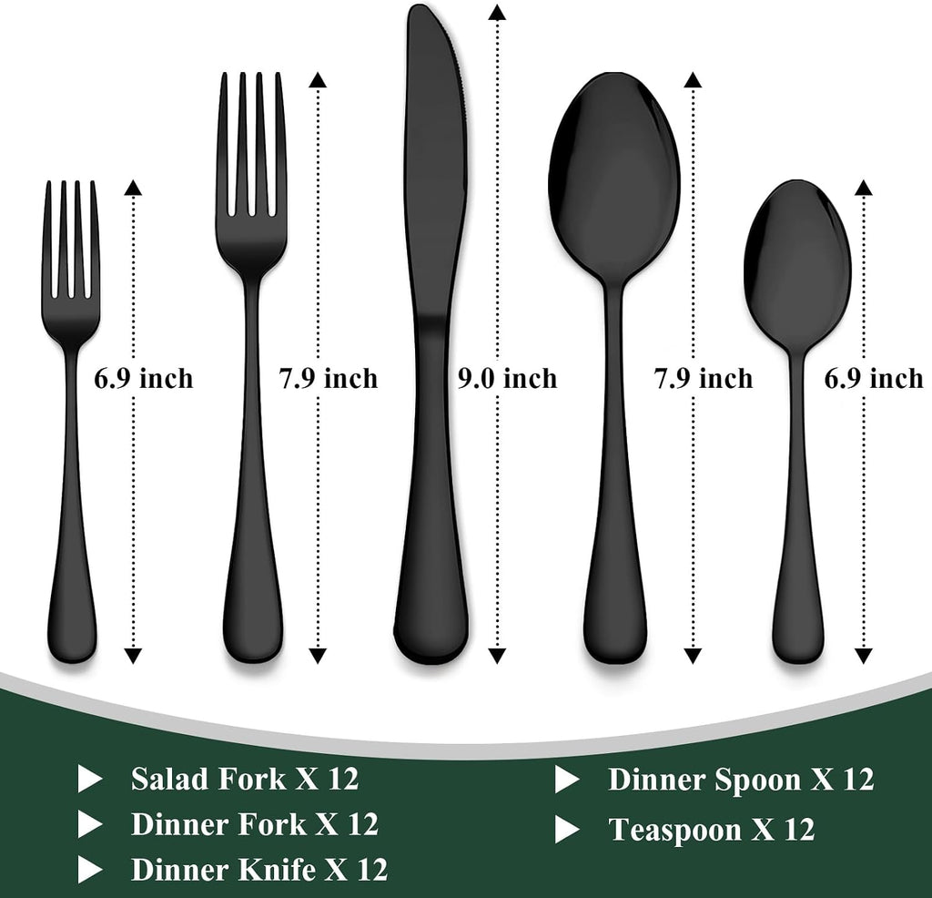 60-Piece Black Silverware Set, Stainless Steel Flatware Cutlery Set Service for 12, Tableware Eating Utensils Include