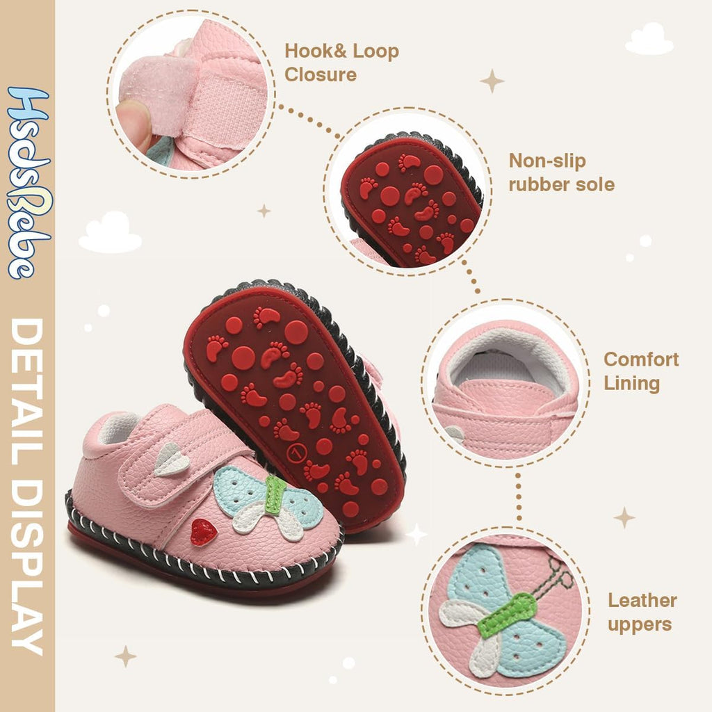 Baby Boys Girls Pu Leather Hard Bottom Walking Sneakers Toddler Rubber Sole First Walkers Infant Cartoon Slippers