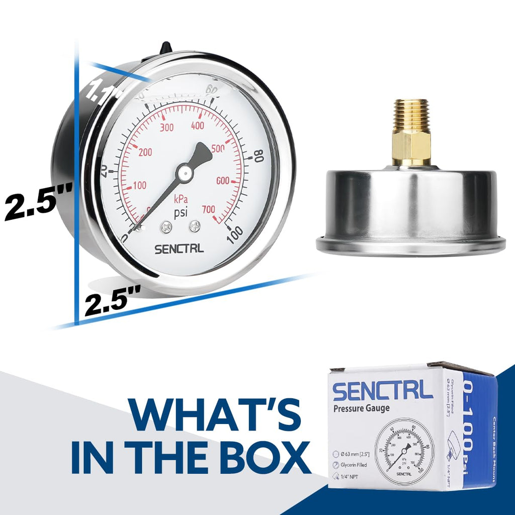 SENCTRL 0-100 Psi Liquid Filled Low Pressure Gauge, 1/4" NPT Back Mount