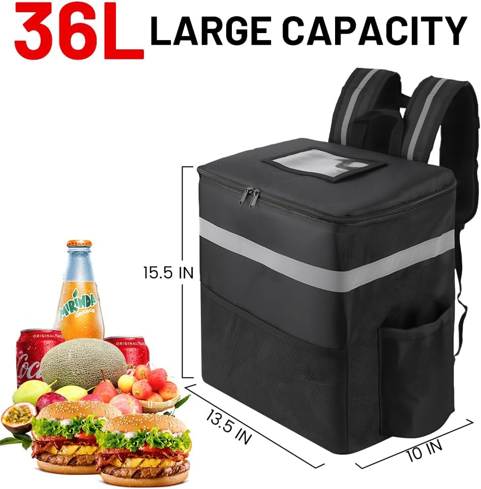 Insulated Food Delivery Backpack, 2 Cup Holders, Hot & Cold, Black