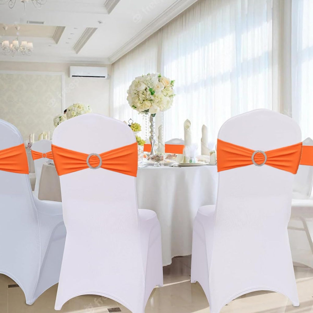 Chair Sashes Spandex Stretch Chair Bows with Buckle Slider for Wedding Party Decorations (Orange, 25PCS)