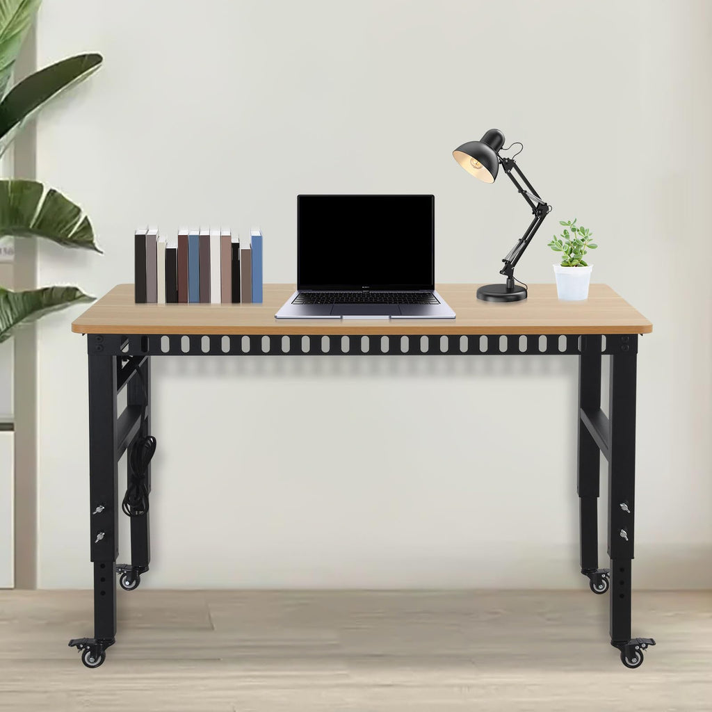 Adjustable Workbench w/Power Strip & Wheels, 48" 2000LBS, Rubber Wood Top