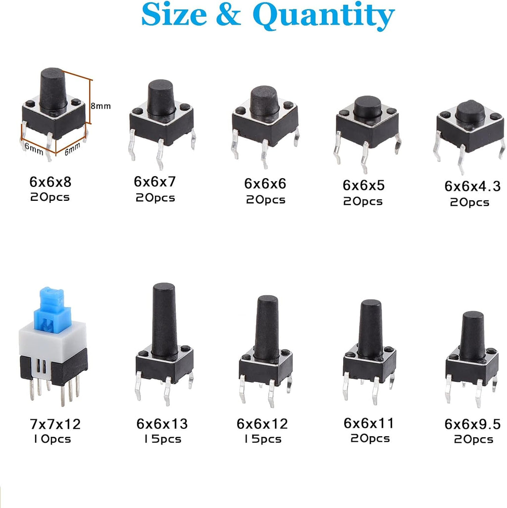 180Pcs Tactile Push Button Switch Assortment Kit, 10 Values 6x6mm 4-Pin Micro Momentary Tact Switch Set