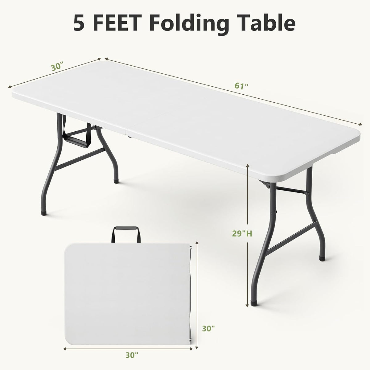 Folding Dining Table Set for 4, 5FT Foldable Plastic Table with Carrying Handle & 4 PU Leather Padded Folding Chairs