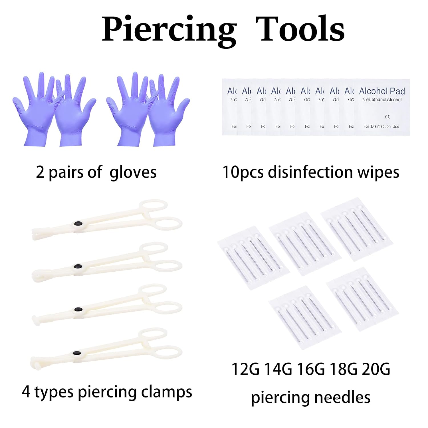 42PCS Mixed Piercing Needles Body Piercing Kit with 4 Types Disposable Piercing Clamps- Precision Tools for Ear