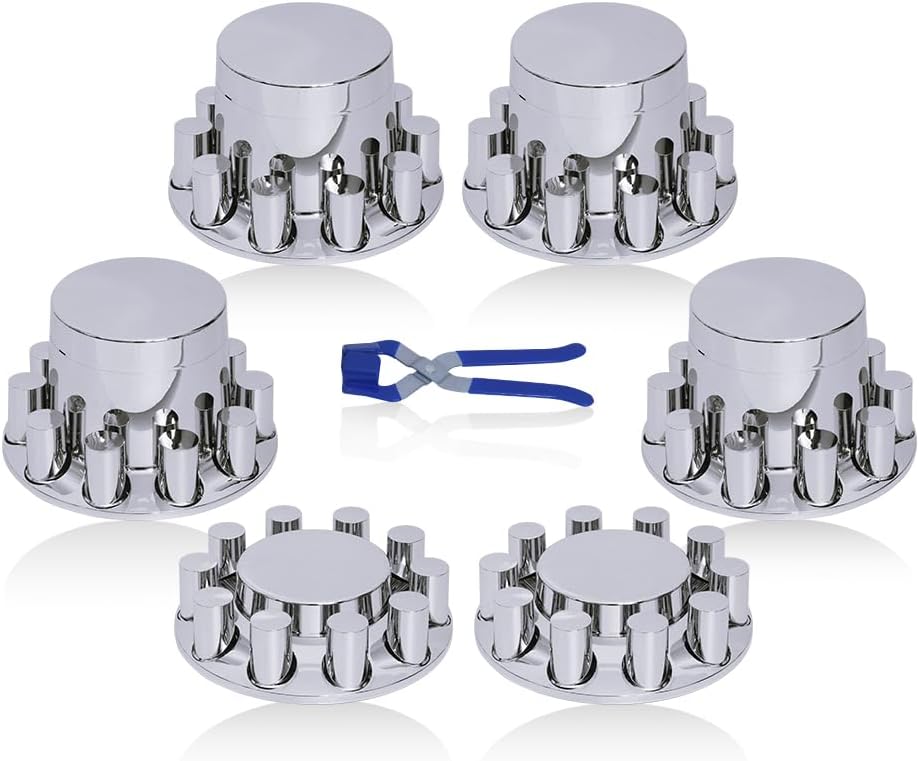 33mm Chrome ABS Flat Top Hub Cover Kit Axle Cover with 33mm Thread-on Lug Nut Covers 2 Front and 4 Rear Axle Wheel