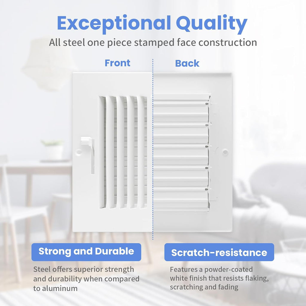 6 x 6 Inch [Duct Opening] Air Vent Covers for Wall or Ceiling - High Airflow 2 Way Steel Ventilation - Adjustable