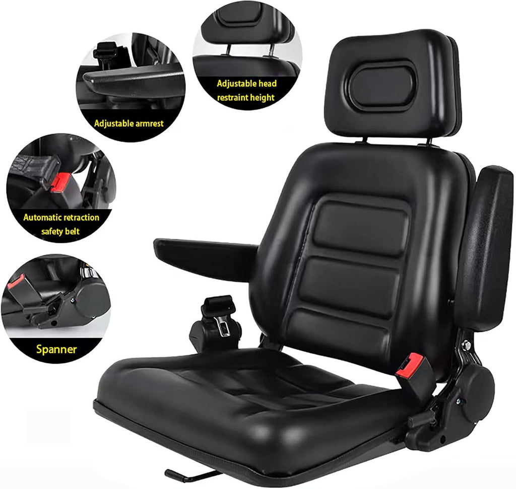 Universal Lawn Mower Seat, Tractor Seat Fold Down with Armrest Headrest Seatbelt, Adjustable Backrest and Slide Rail