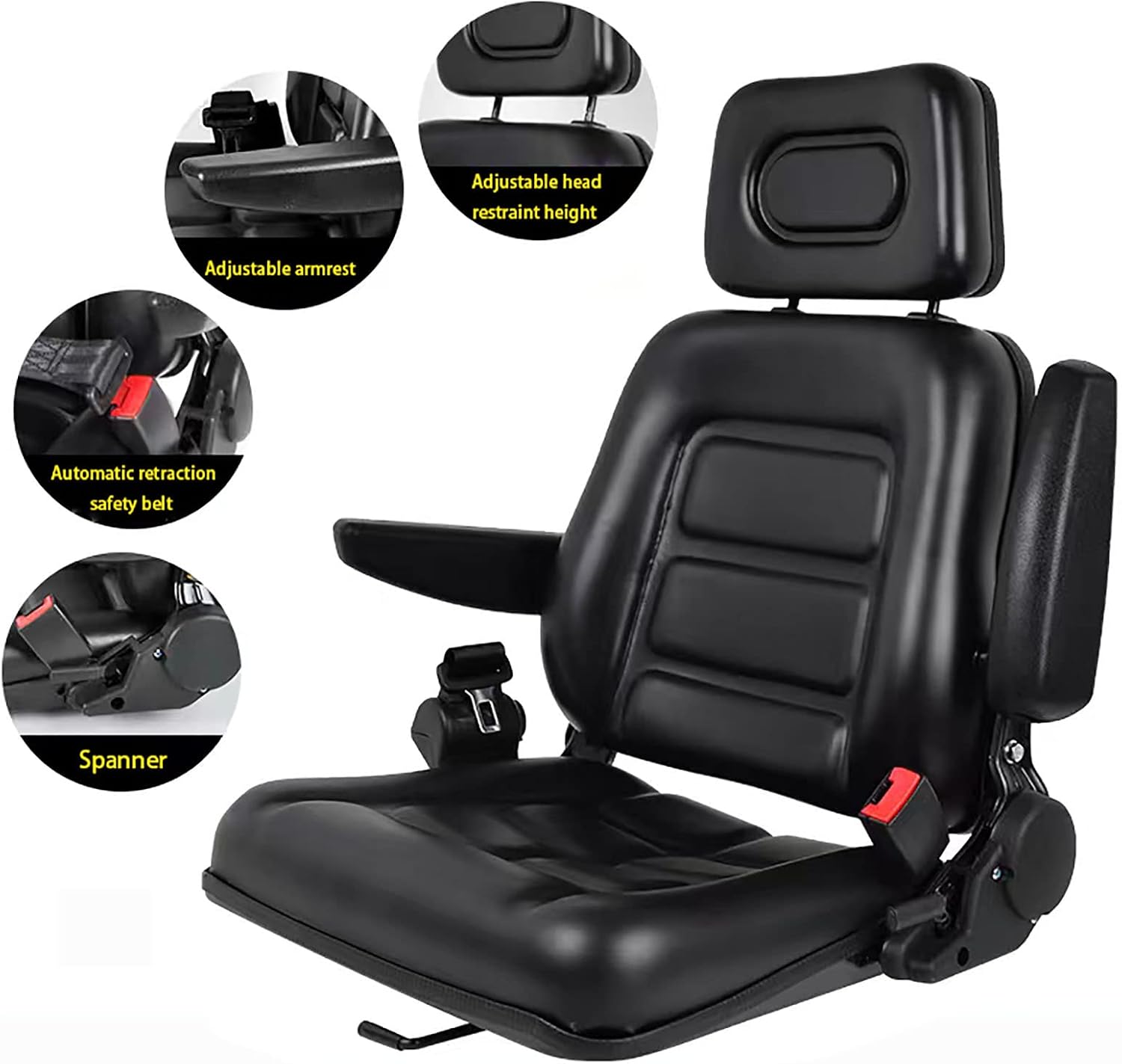 Universal Lawn Mower Seat, Tractor Seat Fold Down with Armrest Headrest Seatbelt, Adjustable Backrest and Slide Rail