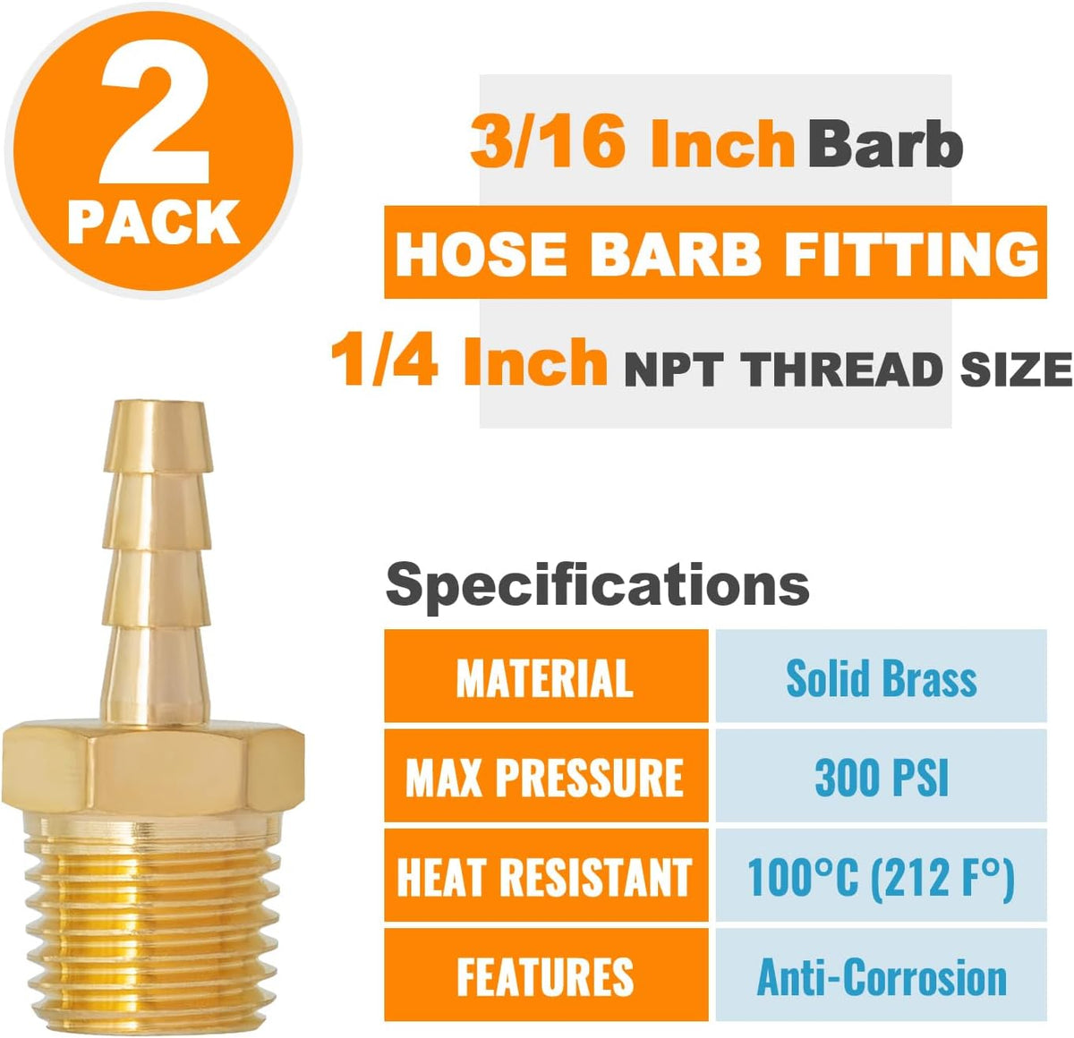SUNGATOR 1/4" NPT to 3/16" Barb, Hose Barb Fitting, Air Hose Fitting, 2-PCS