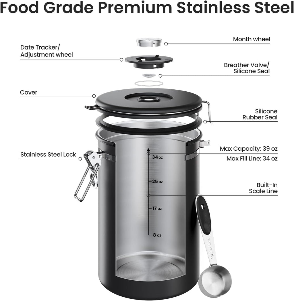 Coffee Canister,39OZ, 2.2lbs,Large Airtight Stainless Steel Container | Kitchen Food Storage Jars for Beans,Ground