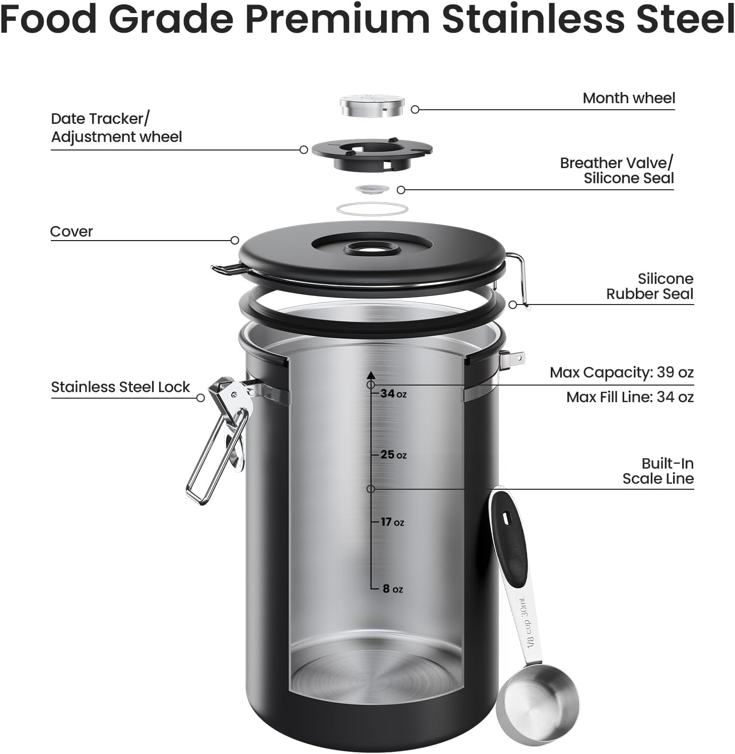 Coffee Canister,39OZ, 2.2lbs,Large Airtight Stainless Steel Container | Kitchen Food Storage Jars for Beans,Ground