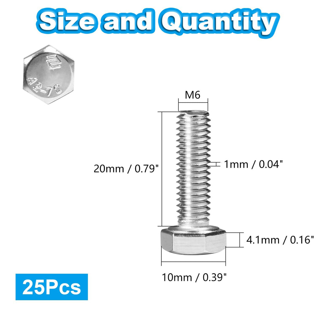 25 Pcs M6 Hex Bolts M6-1.0 x 20mm Hex Head Screw Bolt
