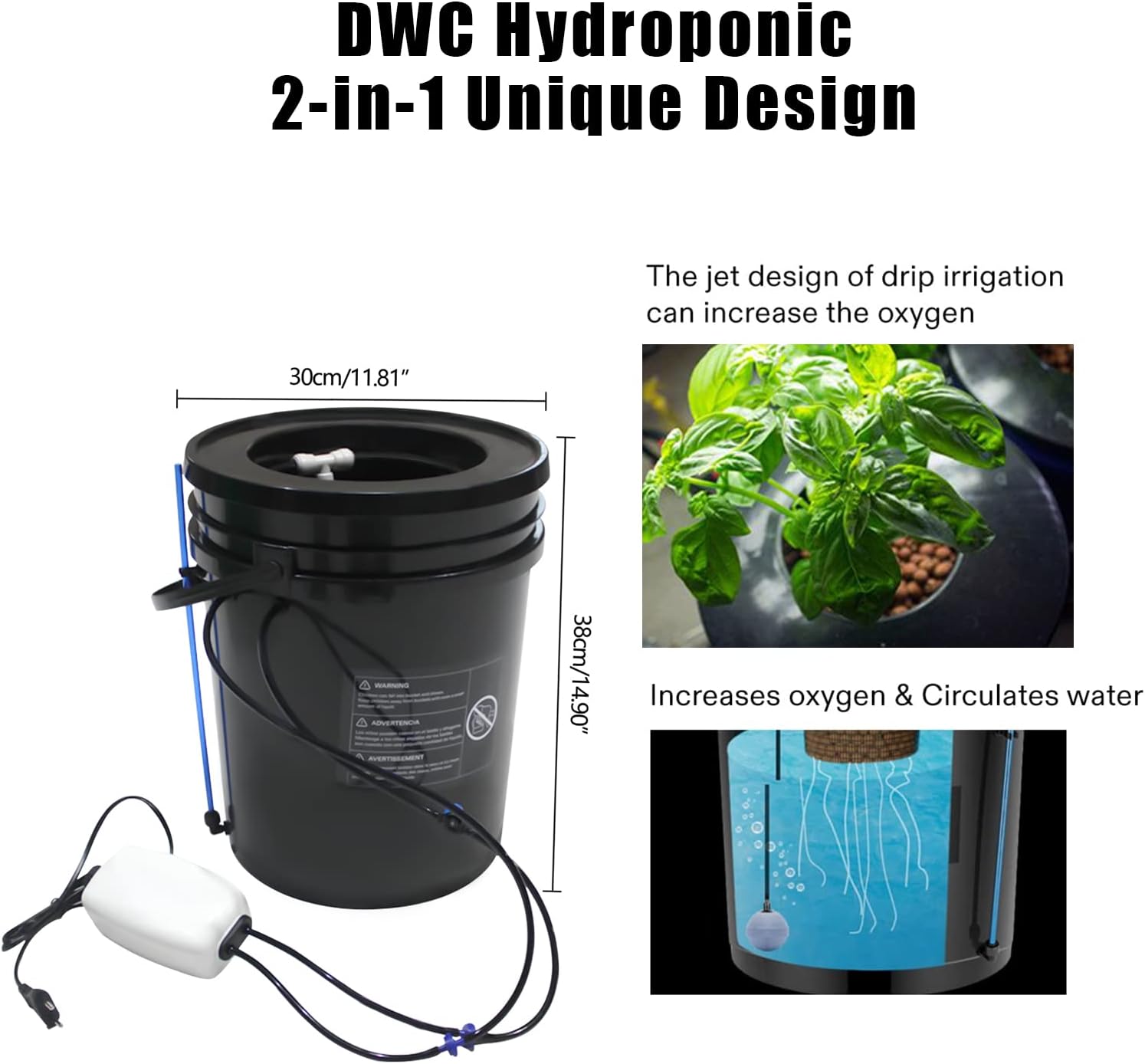Hydroponic Growing System, 5 Gallon Deep Water Culture Hydroponic Bucket Kit with Air Hose, Air Pump and Air