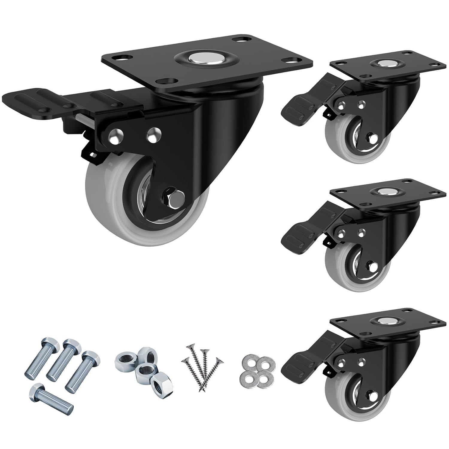 2 Inch Wheel Casters,Set of 4 Heavy-Duty Industrial Caster Wheels with Brake PU No Noise Wheels with Double Locking