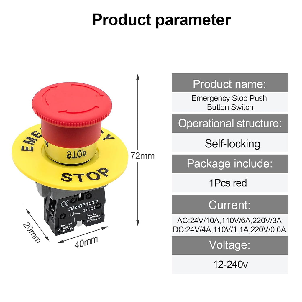 1Pack Red Mushroom Head Emergency Stop Push Button Switch Press