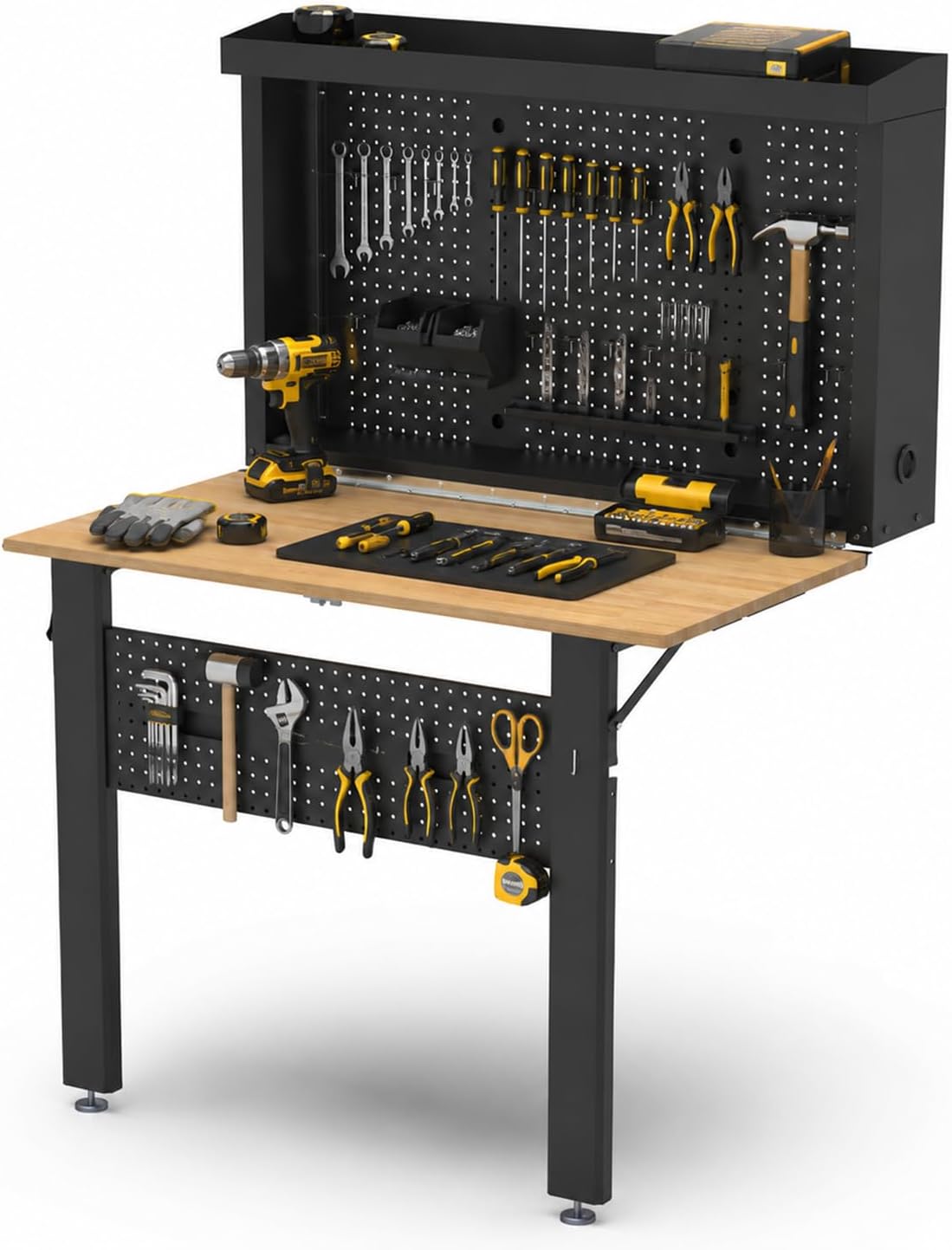 Wall Mounted Fold Down Workbench with Pegboard Organizer, Heavy Duty Folding Work Table with Storage Shelf, Space