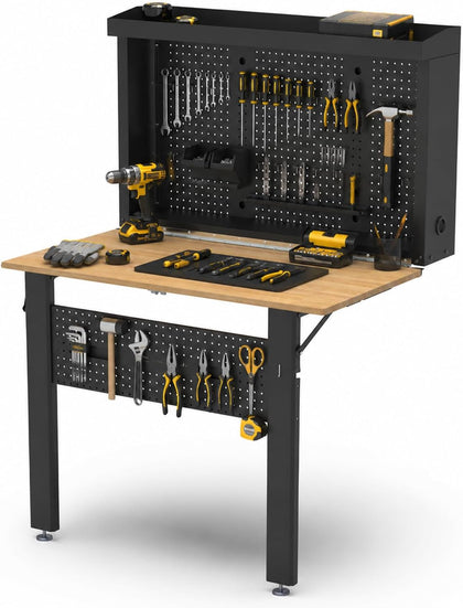 Wall Mounted Fold Down Workbench with Pegboard Organizer, Heavy Duty Folding Work Table with Storage Shelf, Space