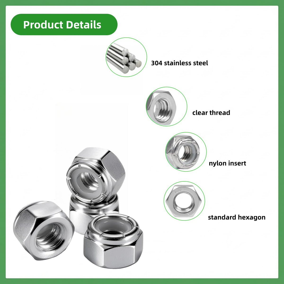 BOLDGNAITE 20pcs 1/4"-20 Lock Nuts,304 Stainless Steel Nylock Nuts
