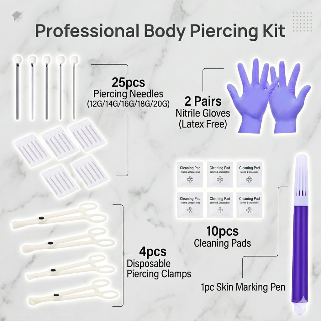 42PCS Mixed Piercing Needles Body Piercing Kit with 4 Types Disposable Piercing Clamps- Precision Tools for Ear