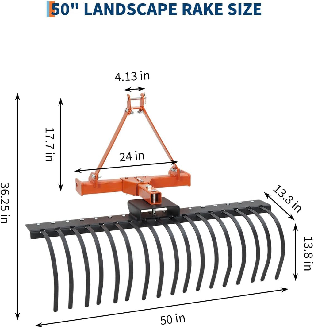 50 in Landscape Rake,3 Point Hitch Tractor Rake Category-0 Cat-1 Tractor with 360 Degree Rotation,Replaceable Spring