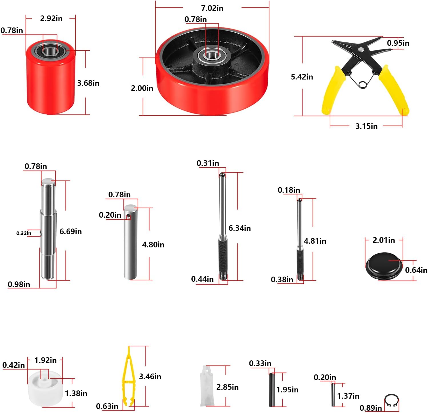 Pallet Jack Wheels Set for Most Manual Pallet Jacks, Full Set with Axles, Pair of Steering Wheels 7"x 2" and Load