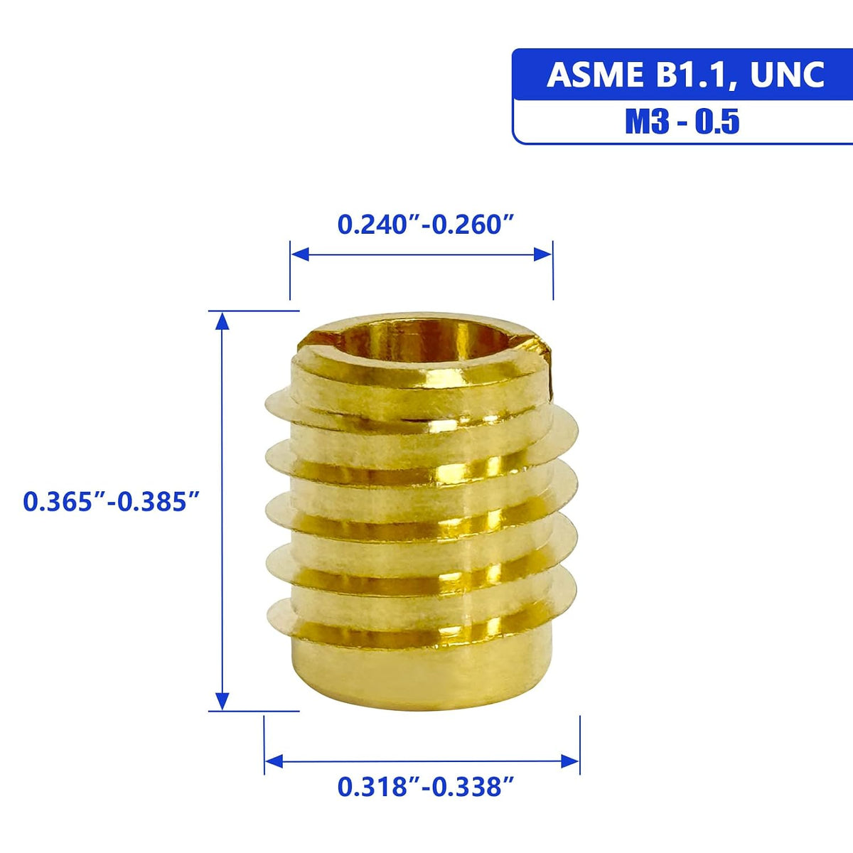 M3-0.5 Threaded Insert for Hard-Wood, Brass Knife Thread Inserts, M3-0.5 Internal Threads, 0.375" Length, Pack of 10