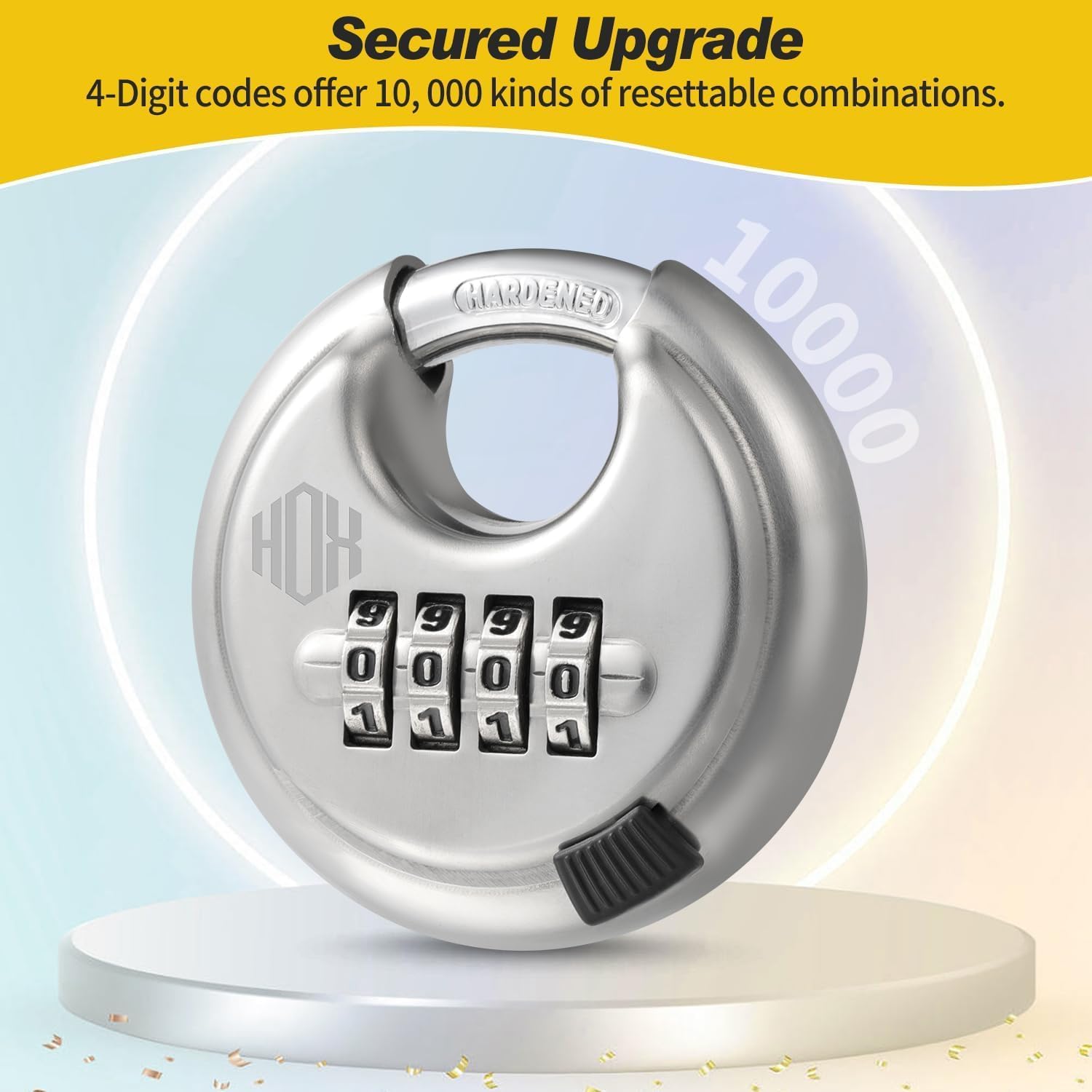 Combination Lock, 4 Digit Disc Padlock with 3/8 Inch Hardened Steel Shackle, 2-3/4 Inch Wide Body, Keyless Heavy Duty