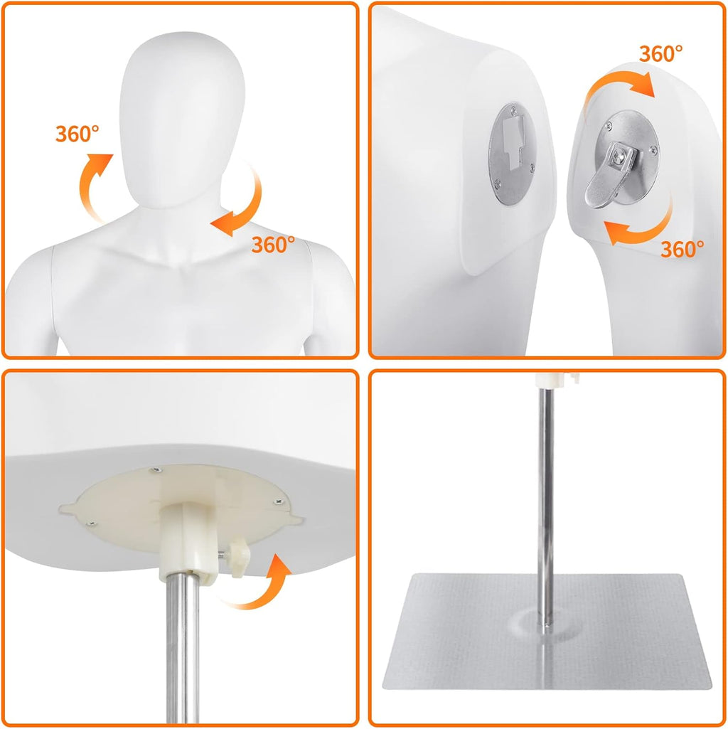 Male Mannequin Torso Body, Height Adjustable Plastic Half Body Display Dress Form with Metal Stand, Dress Form for