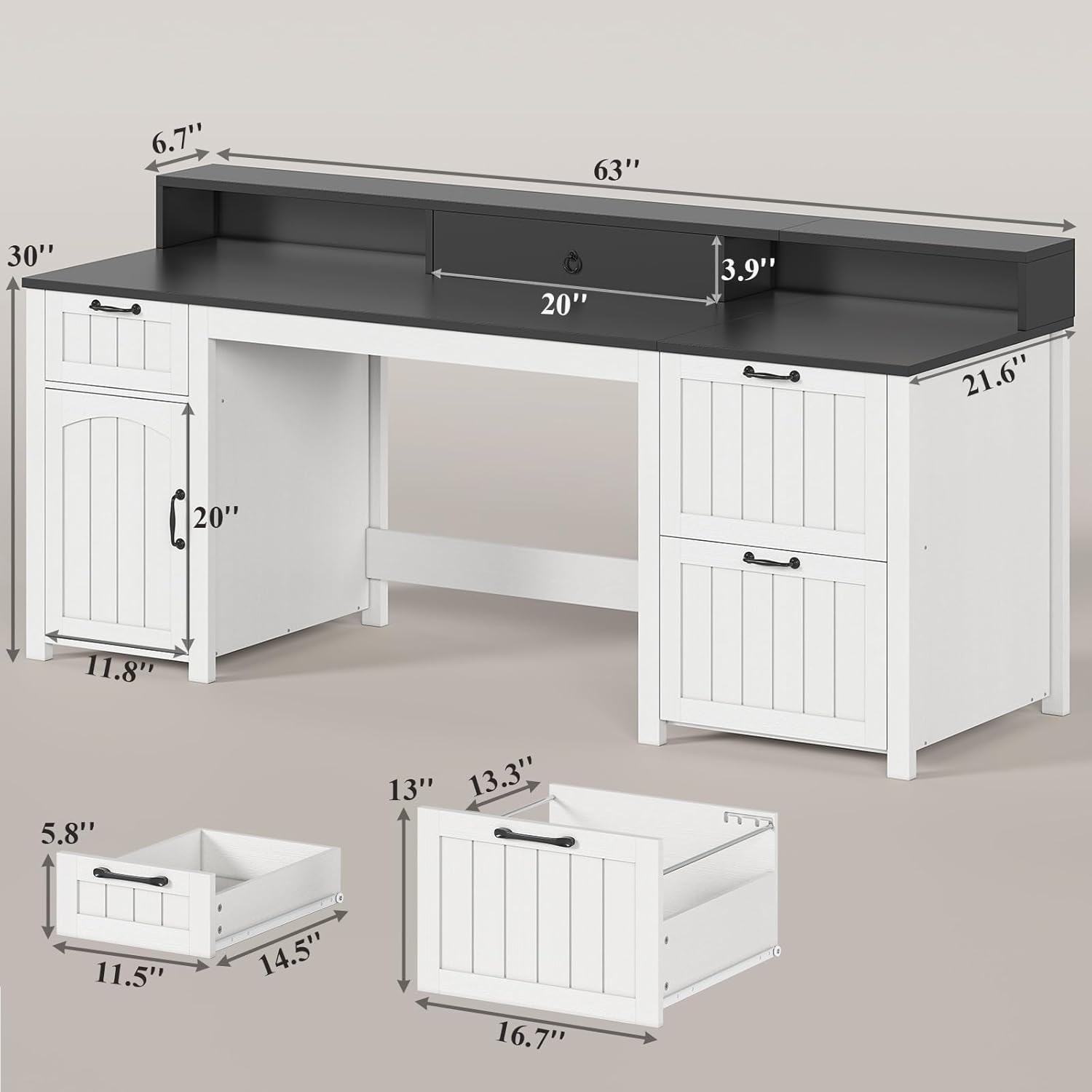 Farmhouse 63" Executive Desk, Home Office Desk with File Drawer and Monitor Stand, Computer Desk with Drawers and