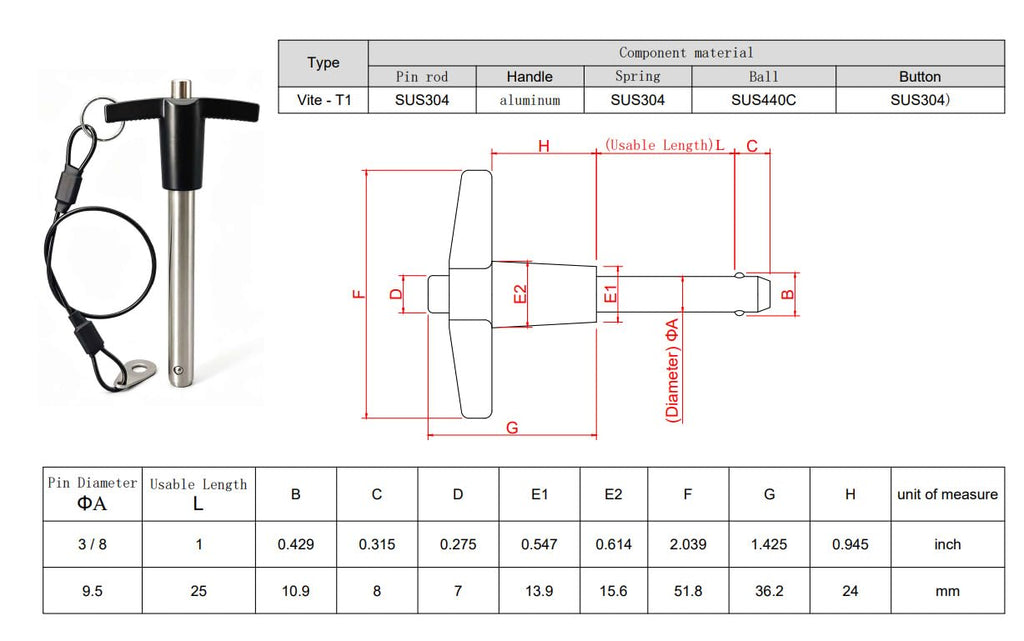 Vitefastening T-Handle Quick Release Pin with Lanyard 3/8x1 inch,2Pcs