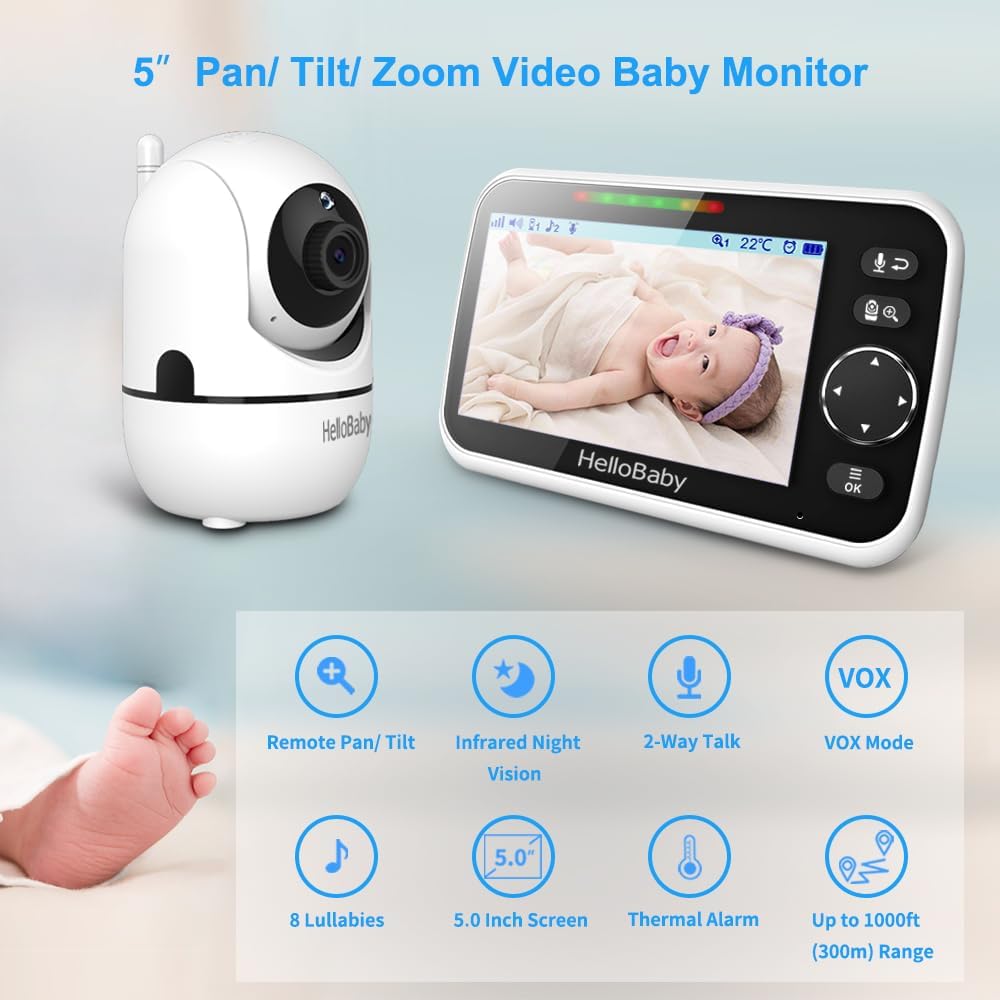No WiFi Baby Monitor 5" Screen 30-Hour Battery Pan-Tilt-Zoom Video Upgrade with Camera and Audio, Night Vision, VOX